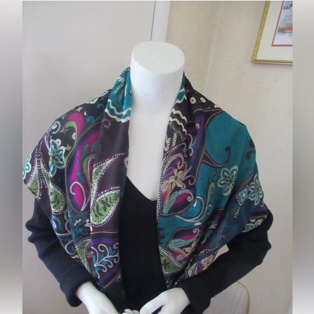 Chico’s Teal Paisley Scarf Wrap Boho Floral Lightweight Made in USA